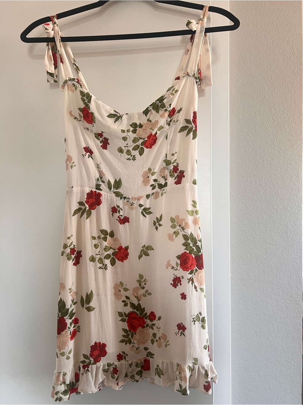 Reformation Cream Mini Dress with Red Floral Print